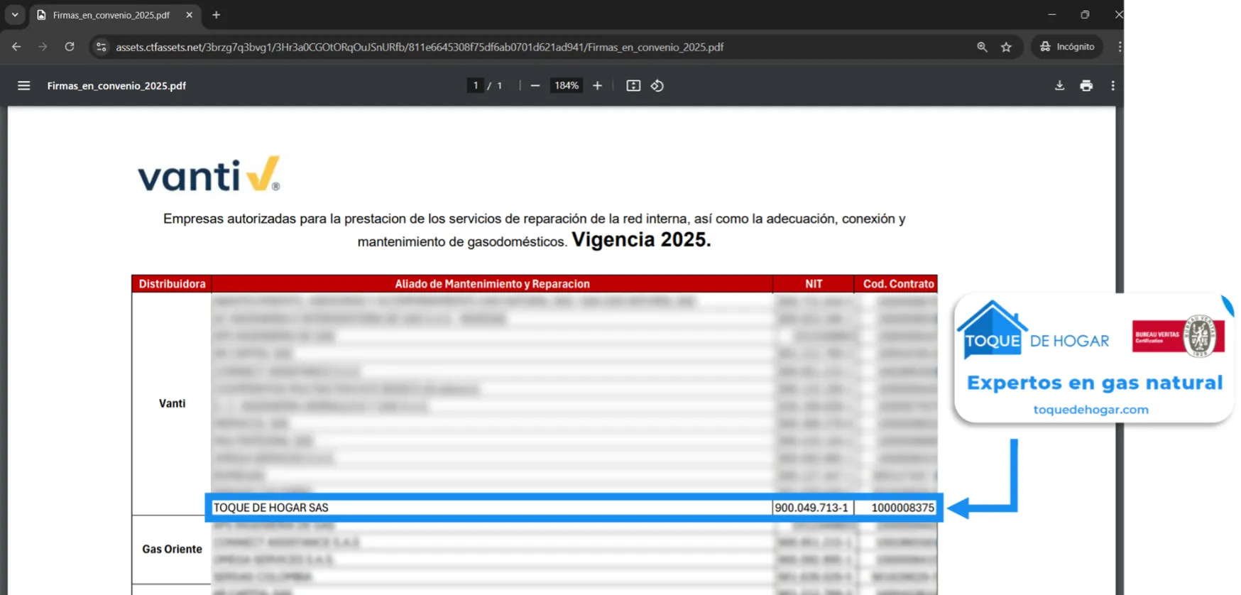 Convenio con vanti Gas natural 2025